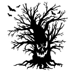 Halloween tree with scary face. Halloween oak silhouette with bats. Party design template. Vector