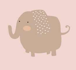 Simple Hand Drawn Vector Illustrations with Cute Big Dreamy Elephant. Infantile Style Nursery Vector Print ideal for Wall Art, Poster, Card. Funny Brown Elephant Isolated on a Dusty Pink Background.