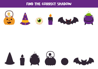 Find the correct shadows of cute Halloween elements. Logical puzzle for kids.