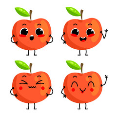 A set of cute red apple characters. Vector illustration with fruit character isolated on background.