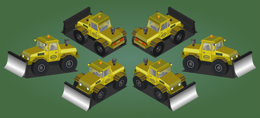 Set of isometric 3D yellow tractor with blade, transparent windows and orange flashing light in six projections