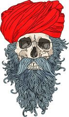 Skeleton in a red Indian turban with a long beard and mustache
