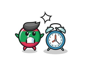 Cartoon Illustration of maldives flag badge is surprised with a giant alarm clock