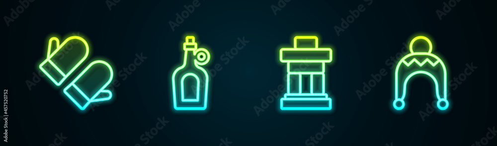 Sticker Set line Christmas mitten, Bottle of maple syrup, Inukshuk and Winter hat. Glowing neon icon. Vector