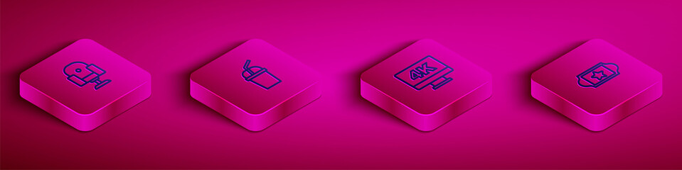 Set Isometric line Director movie chair, Paper glass with water, Screen tv 4k and Cinema ticket icon. Vector