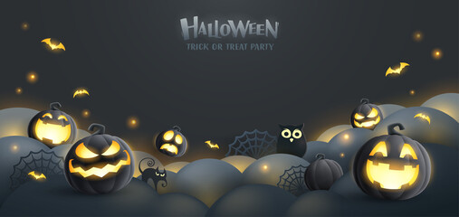 Happy Halloween. Group of 3D illustration black dark glowing Jack O lantern pumpkin on treat or trick fun party celebration background design.