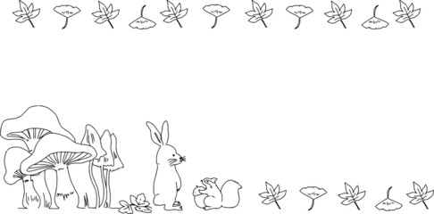 白黒線画のきのこと可愛い動物達のフレーム