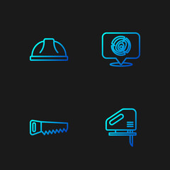 Set line Electric jigsaw, Hand, Worker safety helmet and Wooden logs. Gradient color icons. Vector