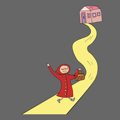 Illustration for a children s book. Little red riding hood and gray wolf. Vector. Drawn by hand in doodle style. Funny characters in cartoon style.