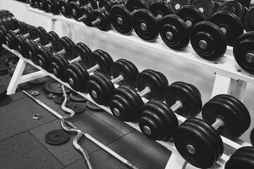 Naklejka na ściany i meble dumbbells in the gym. sports dumbbells in in a rack in sports club. black and white photo
