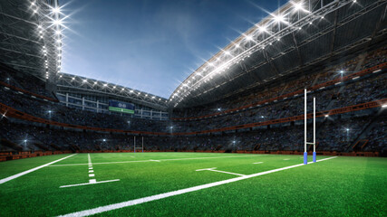 Rugby professional stadium with goal post, grassy playground and fan crowd on background. View from the corner of the field. Digital 3D illustration for sport advertisement.