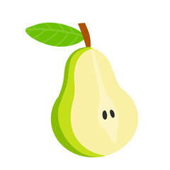 Pear. Half green sweet fruit with a leaf. Veggie food. Natural product. Flat cartoon illustration