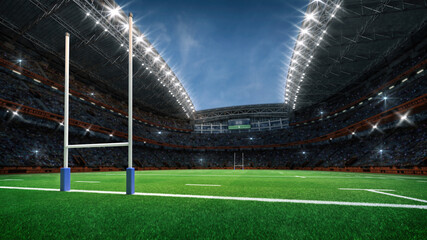 Rugby professional stadium with goal post, grassy playground and fan crowd on background. View from behind the goal. Digital 3D illustration for sport advertisement.