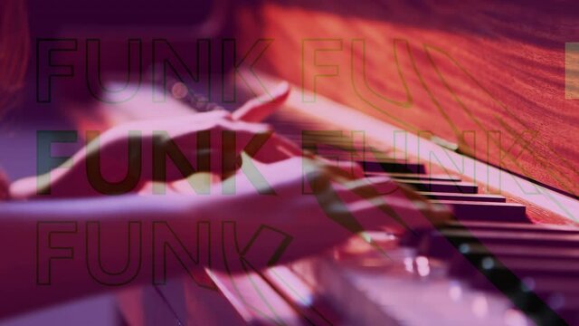 Animation of funk text over child playing piano with pink tint