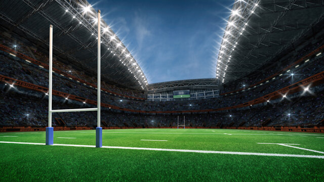 Rugby Professional Stadium With Goal Post, Grassy Playground And Fan Crowd On Background. View From Behind The Goal. Digital 3D Illustration For Sport Advertisement.