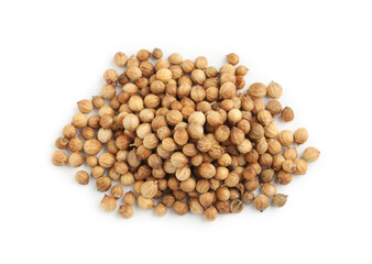 Heap of dried coriander seeds on white background, top view