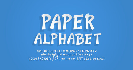 Realistic 3d paper alphabet and numbers. Hand drawn cartoon font white color, with transparent shadow. Modern font paper cut style