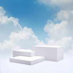 White podium 3D render mock up isolate montage photo with blue sky and softclouds  product display stand abstract background