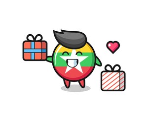 myanmar flag badge mascot cartoon giving the gift