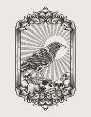 illustration crow bird with skull head monochrome style