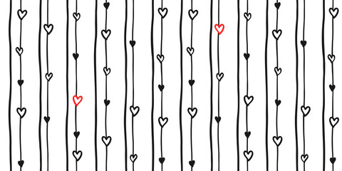 Black and red small hearts on a white background with black longitudinal stripes. Vector seamless pattern for wrapping paper, packaging, giftwrap, wrapper, surface texture, printing on clothing or bag