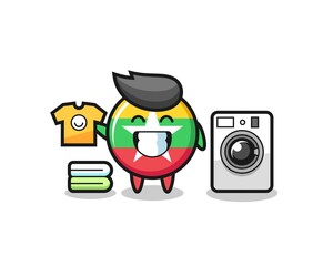 Fototapeta premium Mascot cartoon of myanmar flag badge with washing machine