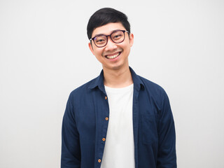 Asian man cheerful wearing glasses happy smile white background