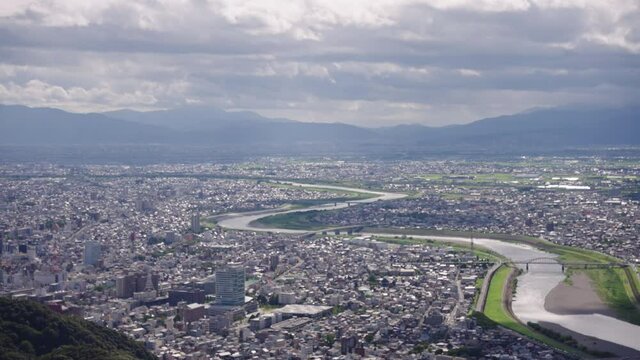 Gifu landscape, looking over city and Nagara river in Japan