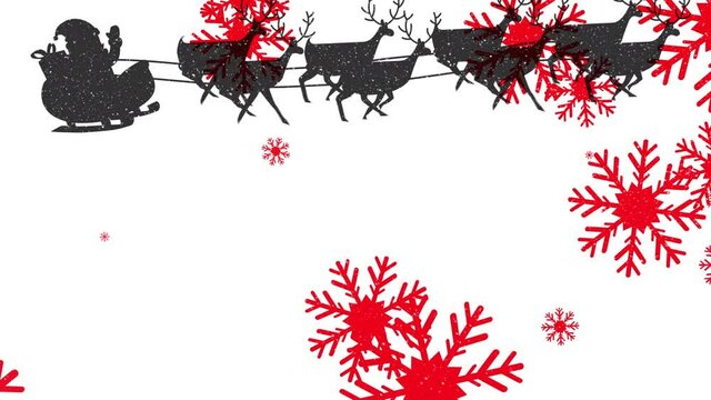 Red snowflakes falling over santa claus in sleigh being pulled by reindeers against white background