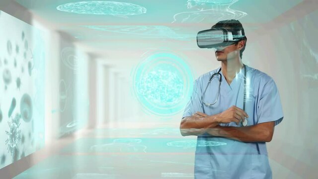 Digital clock and screens with medical data processing against male doctor wearing vr headset