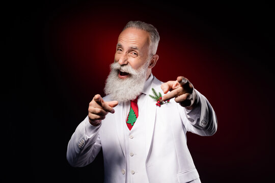 Photo of mature man happy positive smile point fingers you choice choose select isolated over dark color background
