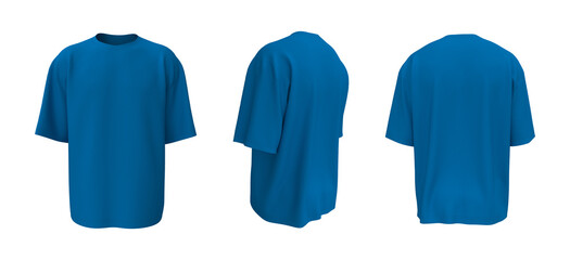 Oversized t-shirt mockup in front, side and back views, design presentation for print, 3d illustration, 3d rendering