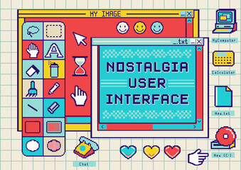 Nostalgia user interface with window box and folders. Retro desktop pc elements.Technology illustration in trendy retrowave style. Nostalgia for 80's -90's. - obrazy, fototapety, plakaty