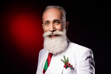 Photo of mature man happy positive smile wear elegant suit decot tie noel time holiday isolated over dark color background