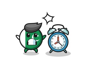 Cartoon Illustration of pakistan flag is surprised with a giant alarm clock