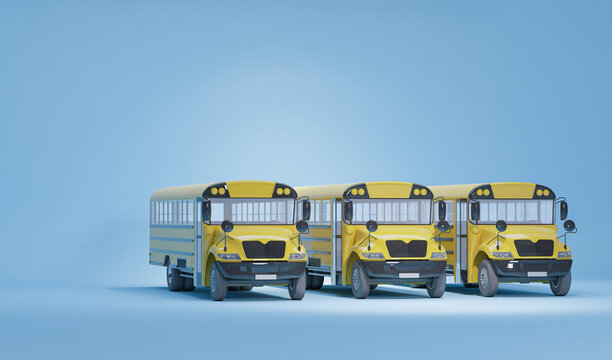 Many school bus isolated on pastel blue background, concept of going back to school. Simple isolated school illustration. Trendy 3d render for social media banners, promotion, flyer