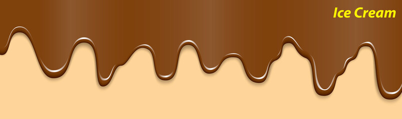 realistic liquid ice cream melting, ice cream desserts sweet cake melted on chocolate waffle cone. 