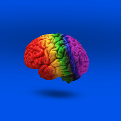 A multicolored brain on a blue background with shadow