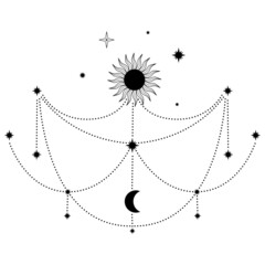Hand drawn mystical Sun and Moon with stars in line art. Spiritual symbol celestial space. Magic talisman, antique style, boho, tattoo, logo. Vector illustration isolated on white background
