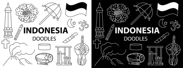 Set of Indonesian Doodle collection isolated on white background. black and white icon indonesia