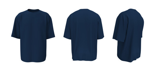 Oversized t-shirt mockup in front, side and back views, design presentation for print, 3d illustration, 3d rendering