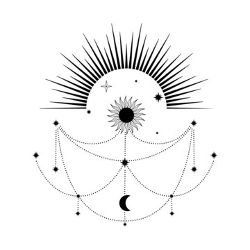 Hand drawn mystical Sun and Moon with stars in line art. Spiritual symbol celestial space. Magic talisman, antique style, boho, tattoo, logo. Vector illustration isolated on white background