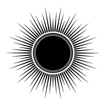 Hand drawn mystical Sun in line art. Spiritual symbol celestial space. Magic talisman, antique style, boho, tattoo, logo. Vector illustration isolated on white background.