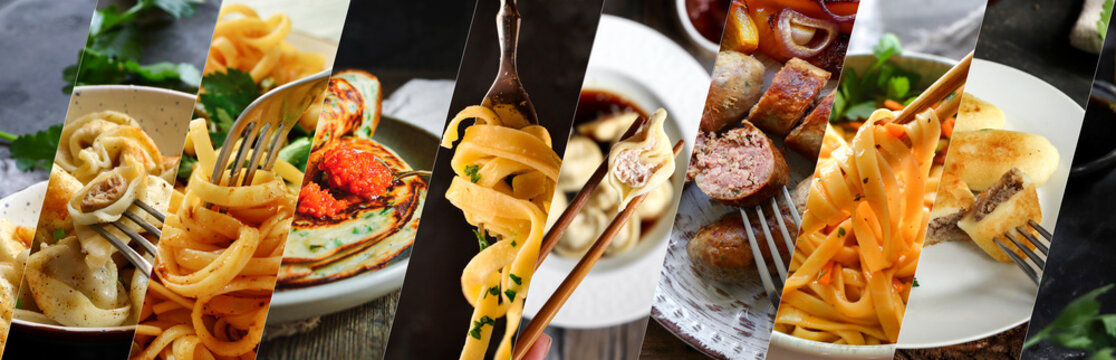 Varied food collage. A varied menu, fish and meat, vegetable. Different food on a fork collage