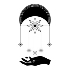 Hand drawn mystical Moon with woman hand, stars in line art. Spiritual symbol celestial space. Magic talisman, antique style, boho, tattoo, logo. Vector illustration isolated on white background.