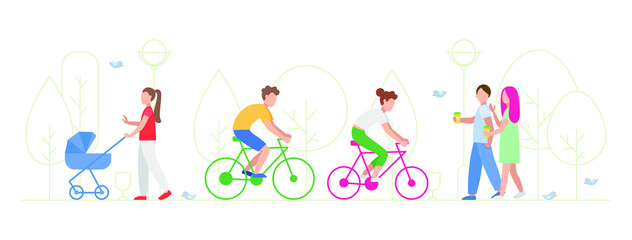 Vector illustration of people in the park. Flat illustration of people. Sports in the park. Walk of lovers. Walk of a young mom with a newborn