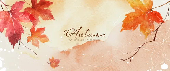 Poster Abstract art autumn background with orange maple leaves watercolor © Artnizu