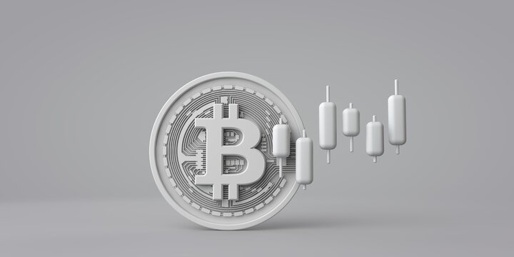 A white bitcoin cryptocurrency coin with stock market trading graph. 3D Rendering