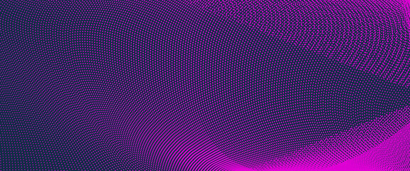 Technology dark purple background, magenta particles. Futuristic pattern, dotted curves. Internet, cyberspace concept. Abstract landing page template. Design for banner, presentation, voucher, coupon