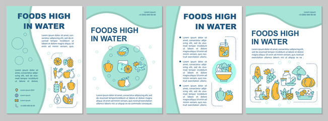 Naklejka premium Foods high in water blue brochure template. Fruits, vegetables. Flyer, booklet, leaflet print, cover design with linear icons. Vector layouts for presentation, annual reports, advertisement pages